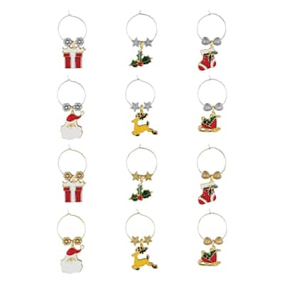 Wine Things 12-Piece Wine Charms/Wine Glass Tags/Drink Markers for Stem Glasses, Wine Tasting Party (Jingle Bell)