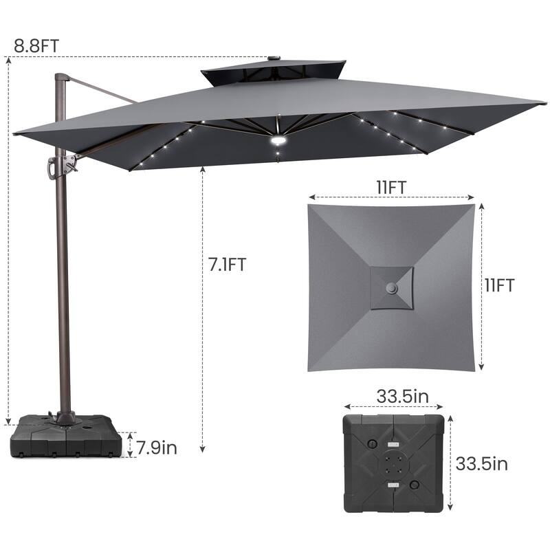 11 ft Solar Powered LED Aluminum Patio Cantilever Umbrella 360-degree Rotation with Weights Base