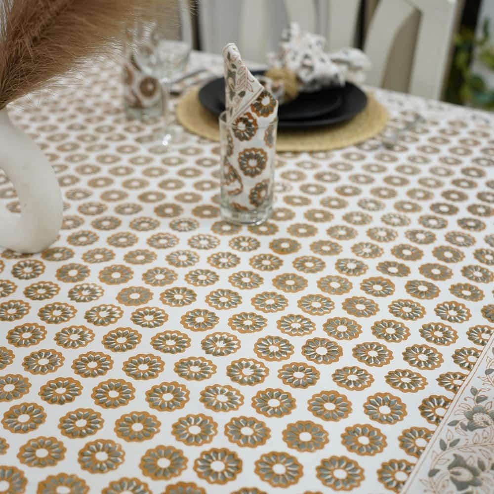 Fabdivine Handmade Block Print Cotton Table Cover Farmhouse Dining Kitchen Decor Gift