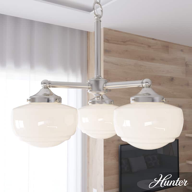Hunter Saddle Creek Contemporary Schoolhouse Chandelier - Clear or White Glass Globes - Entry, Dining Room, Kitchen Table - 3 Light - Brushed Nickel-White Glass