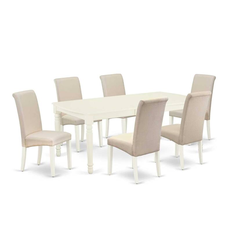 7Pc Dinette Set - Kitchen Table with Leaf & 6 Parson Chairs - Linen White Finish - 78