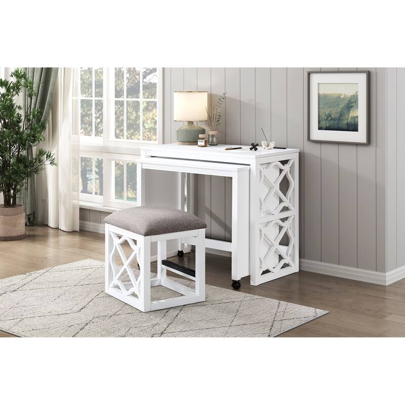 Desks and Stool Set 3pc White Finish Rolling Desk with Casters, 2 Charging ports Home Office Furniture