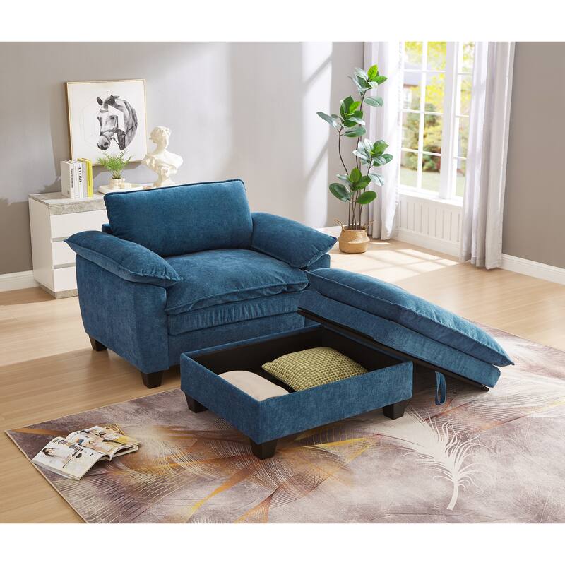 Cloud Lazy Chaise Lounge, Single Sofa Chair & Storage Ottoman Set of 2, Oversize Chenille Upholstered Lounge Sleeper Sofa - Blue