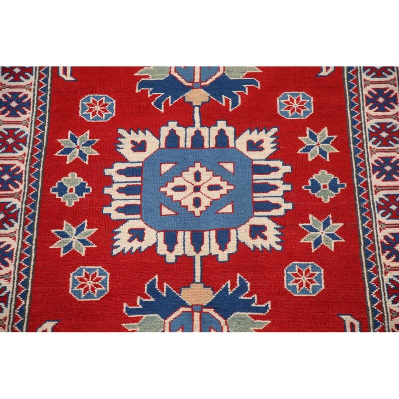 Geometric Red Kazak Accent Rug Handmade Traditional Wool Carpet - 3'4"x 4'11"