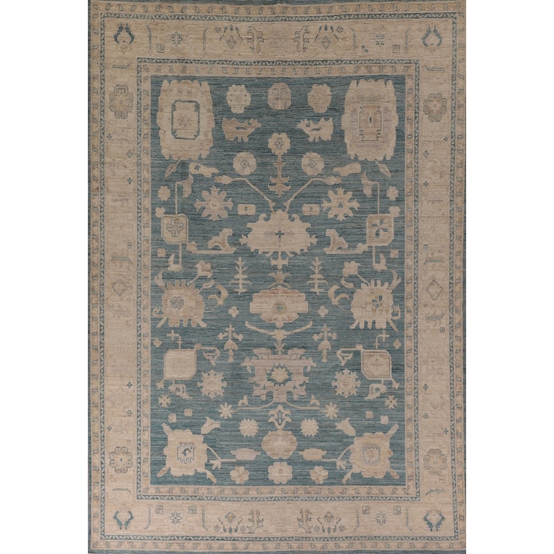 Teal Blue Vegetable Dye Oushak Turkish Rug Hand-Knotted Wool Carpet - 7'10" x 10'6"