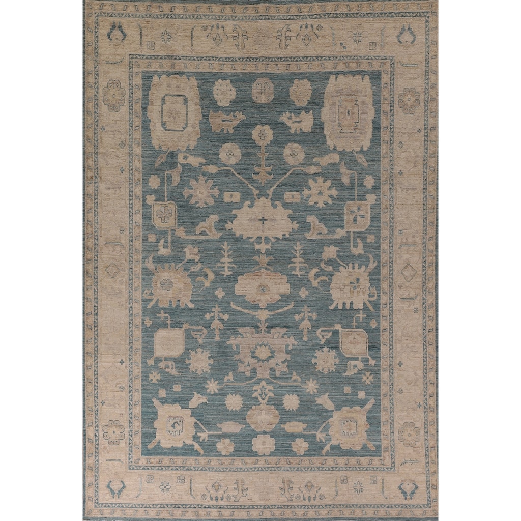Teal Blue Vegetable Dye Oushak Turkish Rug Hand-Knotted Wool Carpet - 7'10" x 10'6"