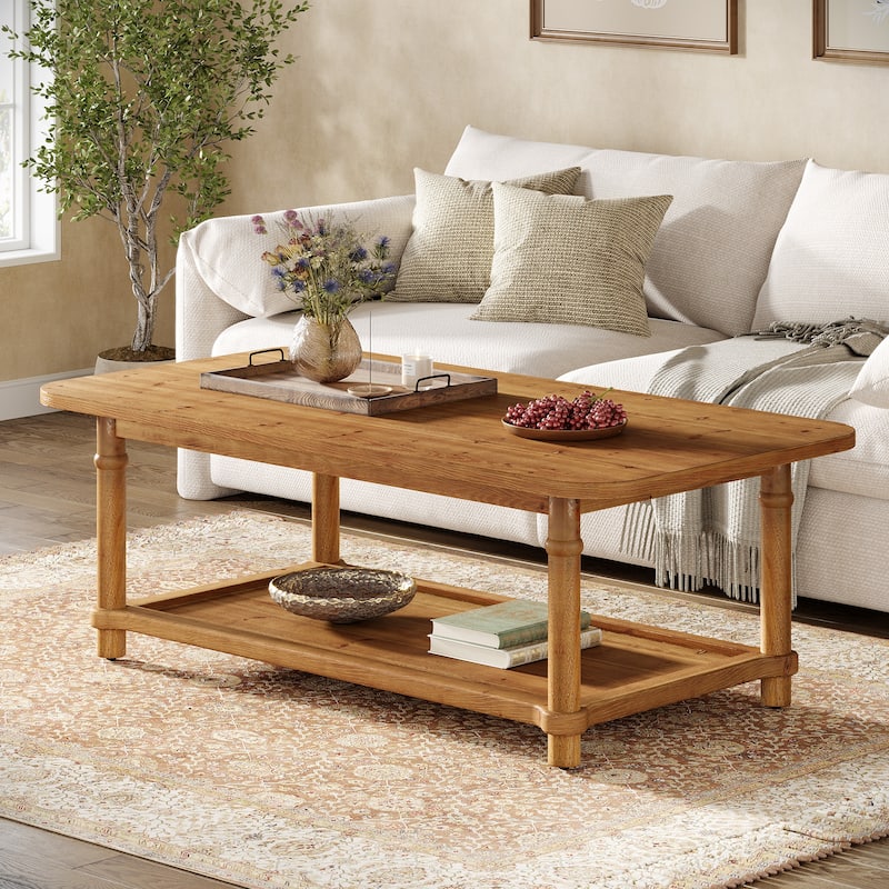 47" Rectangle Coffee Table with Storage Shlef, Solid Wood, Turned Leg