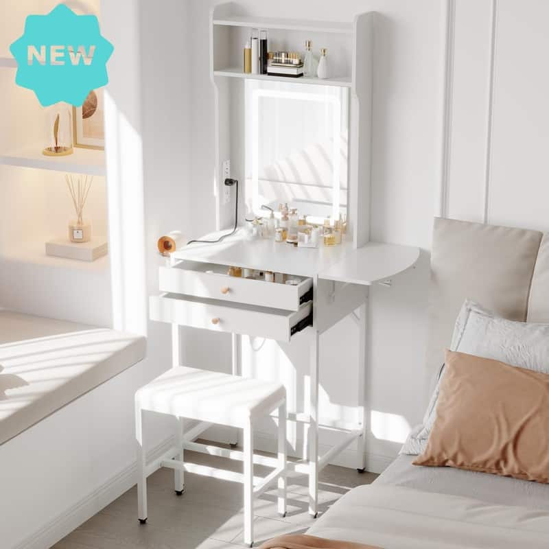 Small Makeup Vanity Desk with LED Mirror, Foldable Side Panel, 2 Drawers - White
