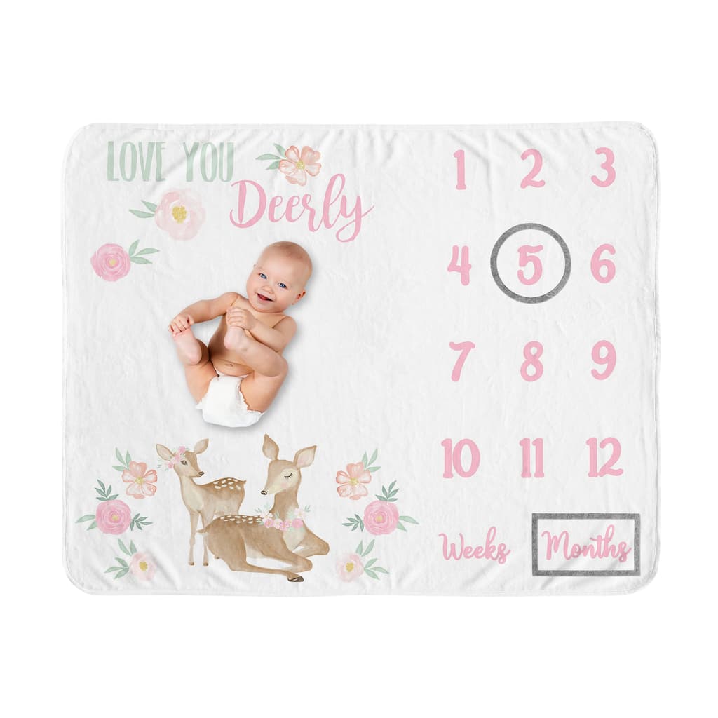 Woodland Deer Collection Girl Baby Monthly Milestone Blanket - Blush Pink and Mint Green Boho Watercolor Forest Love You Deerly