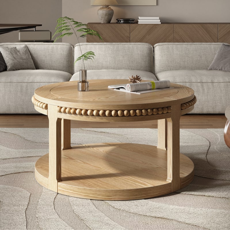 31.5" Round Solid Wood 2-Tier Coffee Table - Natural Wood