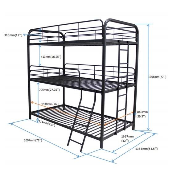 Furniture Triple Bunk Bed, Twin/Twin/Twin, black