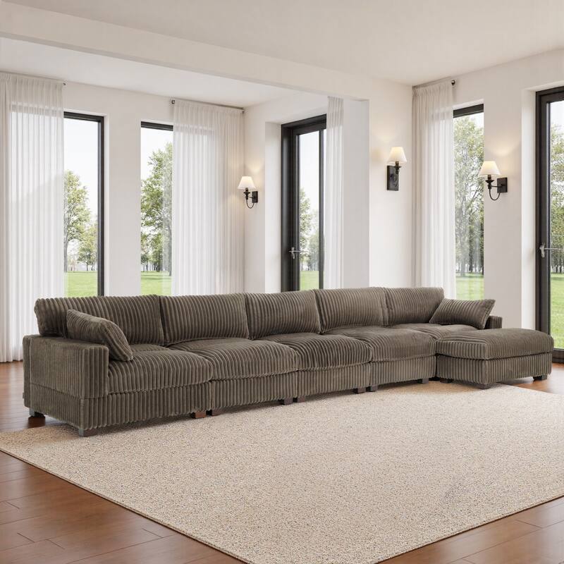 Cloud-Like Flannel Fabric Modular Sectional Sofa with Ottoman - Light Brown