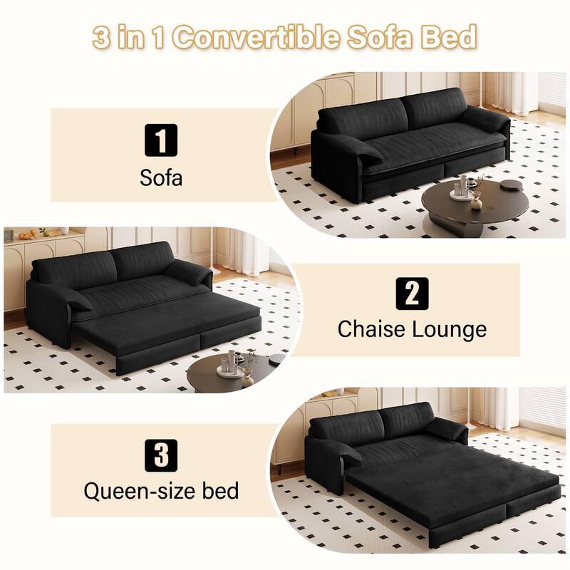 66" Queen Velvet Pull Out Sofa Bed w/ Side Storage Multi-Functional Loveseat Bed for Living Room Office - Black