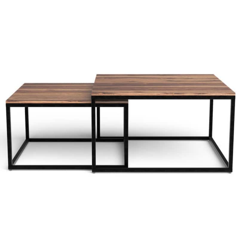 Square Coffee Table with Brown Wood Top and Black Iron Base - 29.5” x 29.5” x 17”