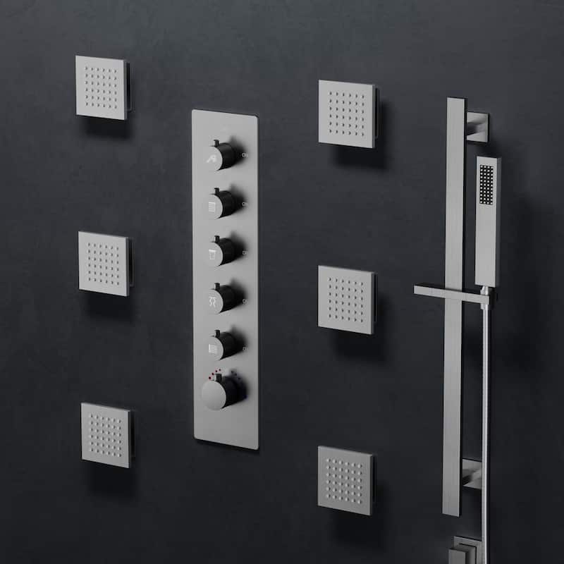 GRANDJOY LUXURY Shower Faucet Set 28"*16" Ceiling Mount Shower Head Body Jets Handheld Spray with Slide Bar LED Music