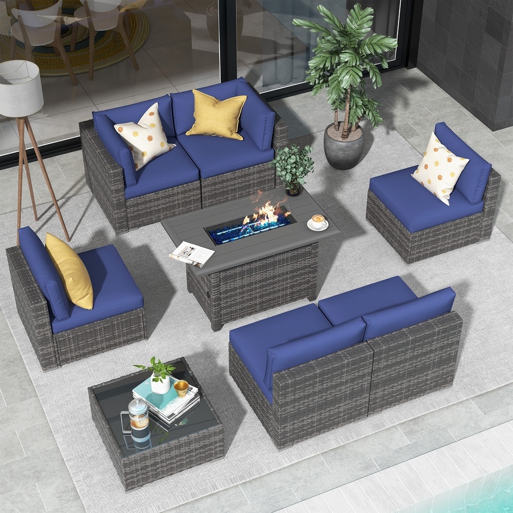 Outdoor 8 Pieces Sectional Wicker Sofa Set with Fire Pit