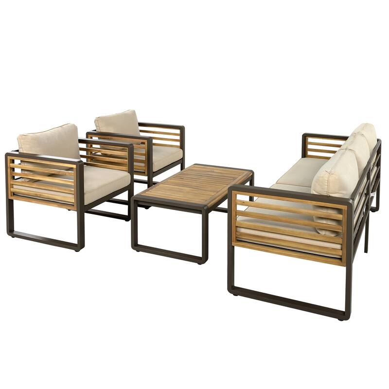 5-Person Outdoor Conversation Set with Removable Cushions and Stylish Metal Frame and Acacia Wood