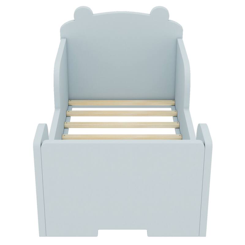 Toddler Floor Bed with Bear-shaped Headboard and Rounded Corners Guardrails for Ages 3-6, Open Baby Platform Bed Frame