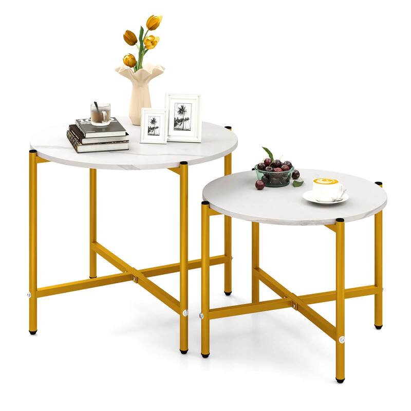 Set of 2 Round Coffee Table Nesting Tables Side Tables w/ Metal Frame - White