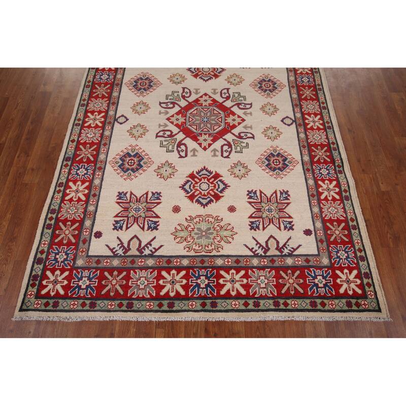 Beige / Ivory Geometric Kazak Rug Hand-Knotted Wool Carpet - 5'2" x 6'9"