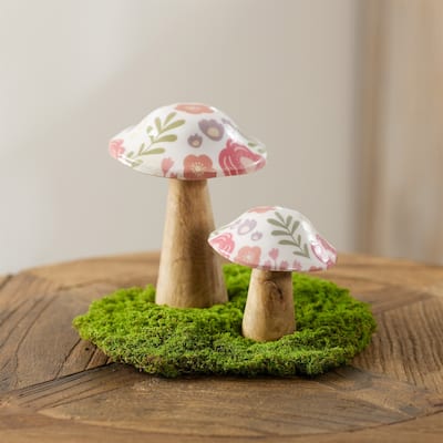 Floral Mango Wood Mushroom Decorations - 6.5" - Brown and Pink - Set of 2