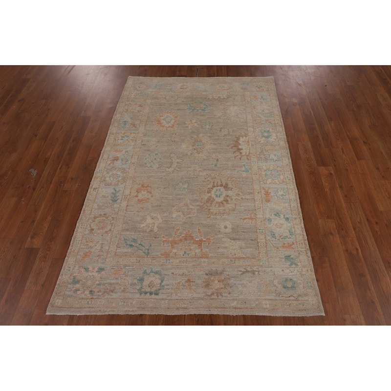 Vegetable Dye Beige Oushak Turkish Area Rug Hand-Knotted Wool Carpet - 3'10"x 5'8"