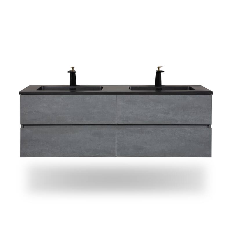 RupheonD 60" Cement Grey Bathroom Vanity with Black Quartz Top - 60 in. Vanity - 60 in. Vanity