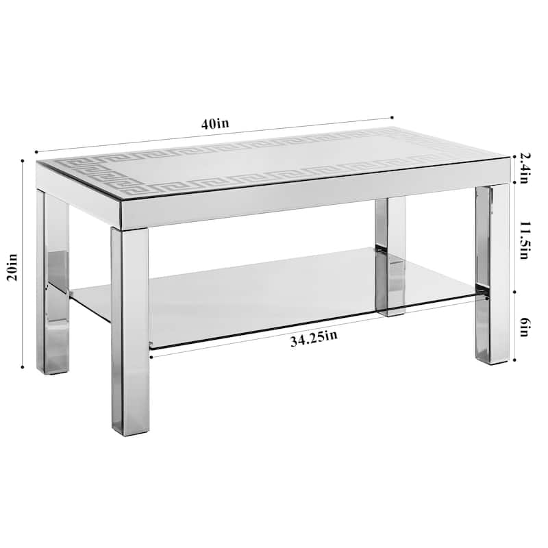 Modern Carved Mirror Coffee Table with Glass Top, Diamond Frame and Mirror Crystal Legs, for Living Room