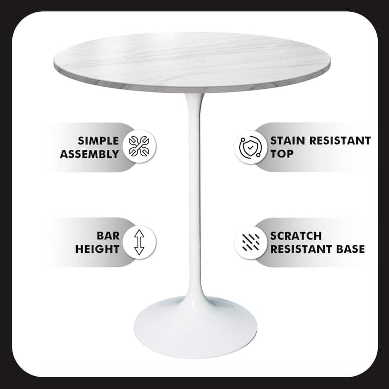 LeisureMod Verve 27" Bar Dining Table with Sintered Stone Round Top in White Steel, White Marbleized