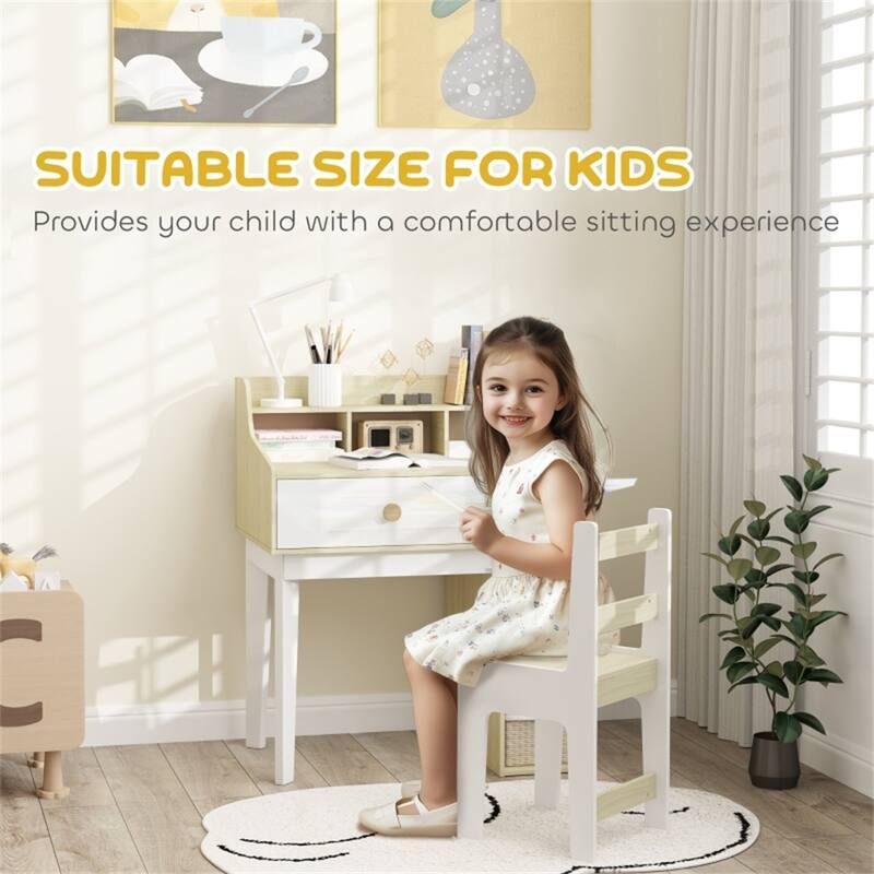 Kids Desk and Chair Set with Storage Shelves and Drawer MDF White and Natural Wood for Study and Art Projects Ages 3 to 10