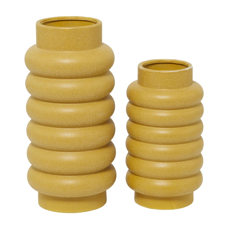 Ceramic Decorative Vase with Ring Ribbing - Set of 2 White, Yellow, Dark Blue - CosmoLiving by Cosmopolitan