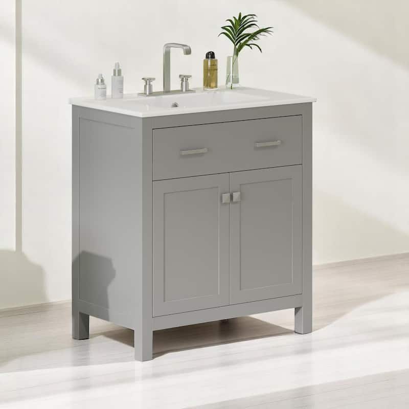 30" Modern Bathroom Vanity with Ceramic Sink, Soft-Close Doors, Flip-Out Drawer & Adjustable U-Shaped Shelf - Grey