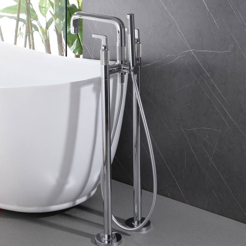 33" H Solid Brass Floor Mounted Freestanding Tub Faucet with Hand Shower and Diverter