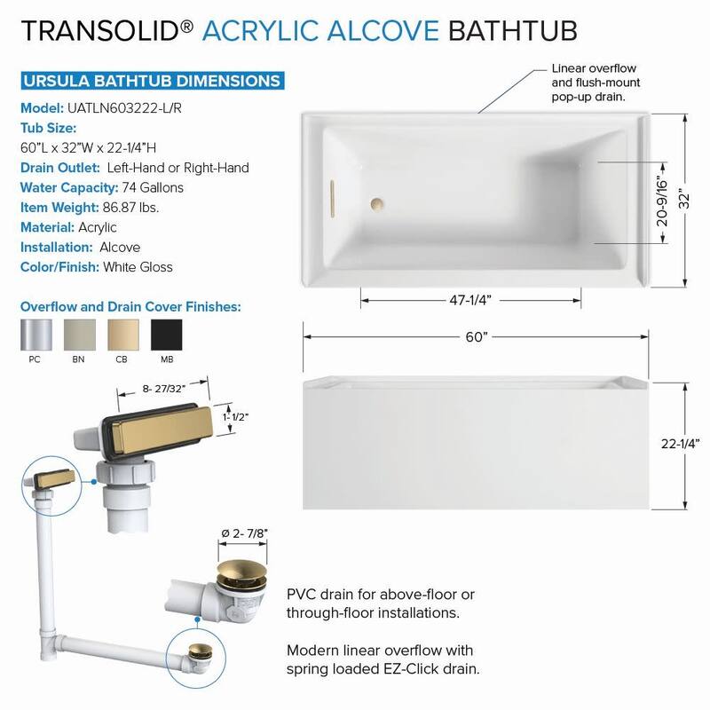 Transolid UATLN603222-R Unity AFR 60" x 32" Three Wall Alcove Acrylic