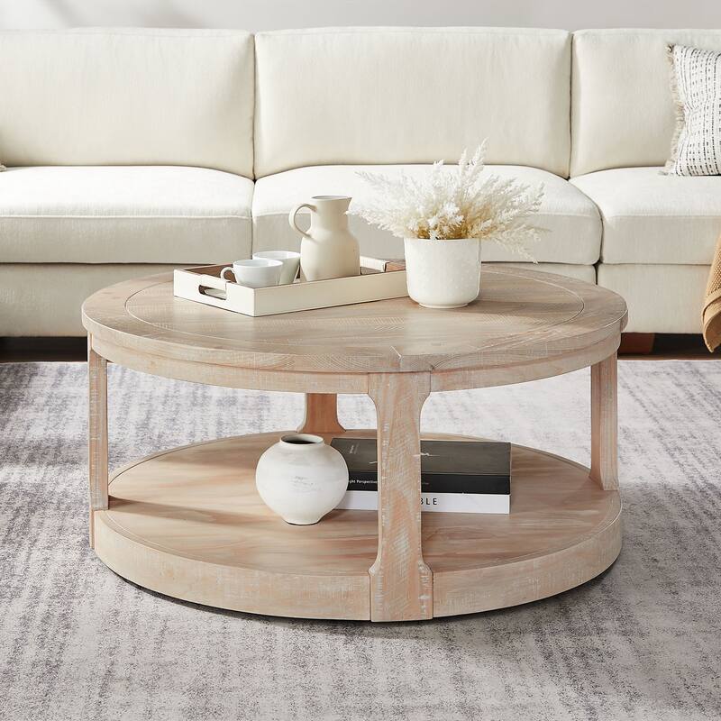 40" Large Curved 2 Tier Traditional Round Circle Wooden Center Coffee Table with Wheels - Oak