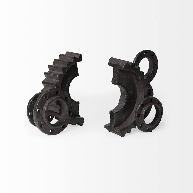 Matte Black Industrial Cogs Bookends - 8.0709" H x 4" W x 13.5827" D