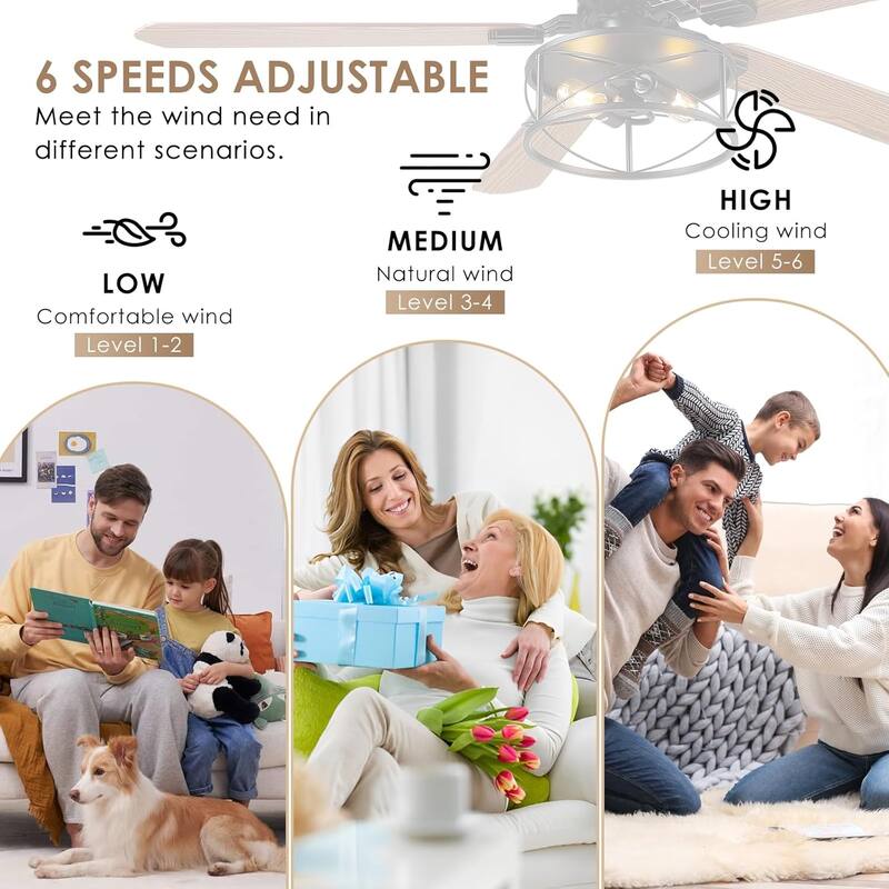 52 Inch Indoor and Outdoor Farmhouse Ceiling Fan with Light DC motor Wooden Blades Waterproof