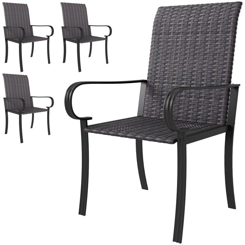 4-Piece Outdoor Dining Chair Set PE Rattan Steel Frame High Back Armrest Patio Garden - 23.6" W x 26.8" D x 40.6" H - Dark Grey