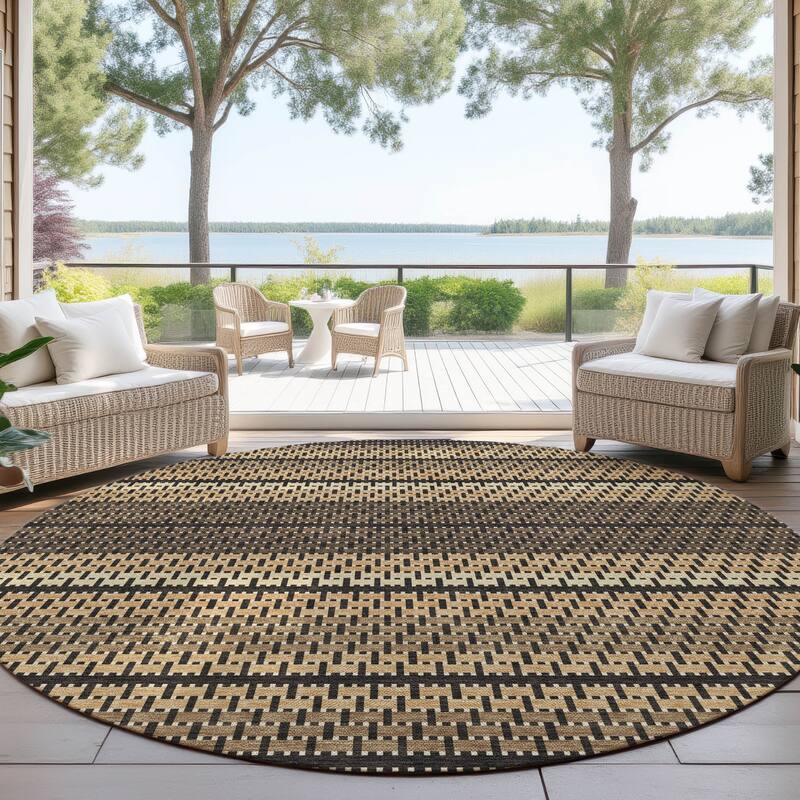 Machine Washable Indoor/ Outdoor Boho Stripe Chantille Rug - Gold - 8' x 8'