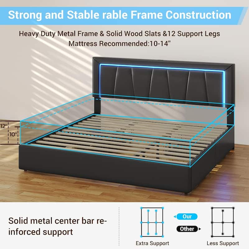 Bed Frame with 4 Storage Drawers1 USB /Type-C Charging Station
