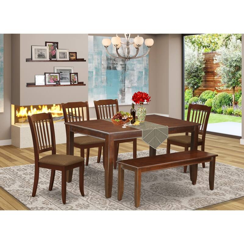 6-Piece Dining Set - Rectangle Table, 4 Linen Chairs & Bench - Mahogany Finish - 60