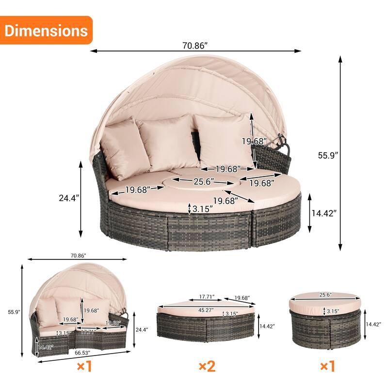 5-Piece Outdoor Patio Conversation Set Wicker Daybed Set with Canopy, Storable Table&Soft Cushions