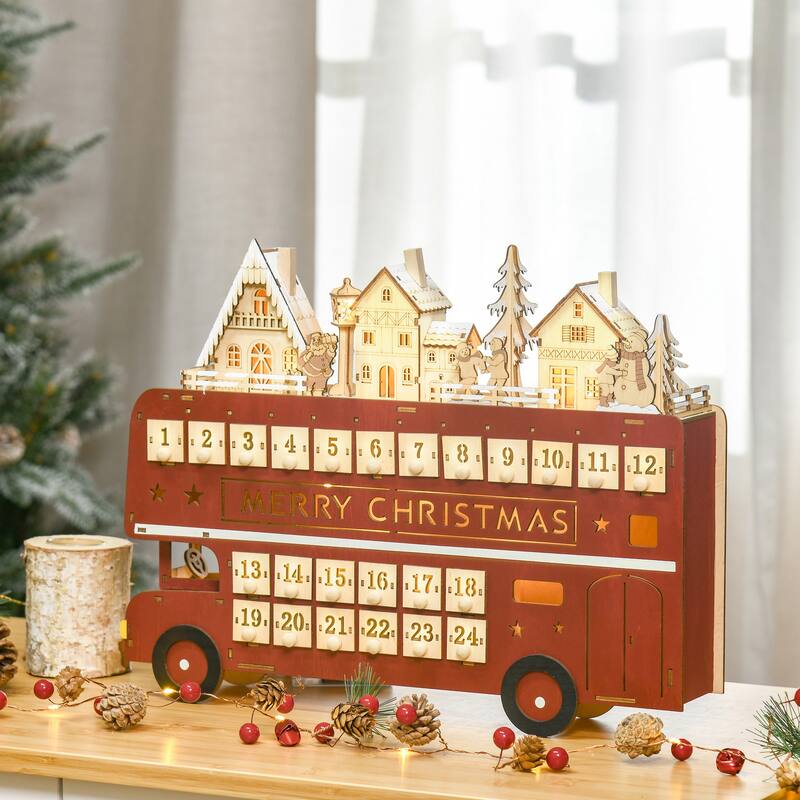CUSchoice Light Up Wooden Advent Calendar Bus with Countdown Drawer - Red