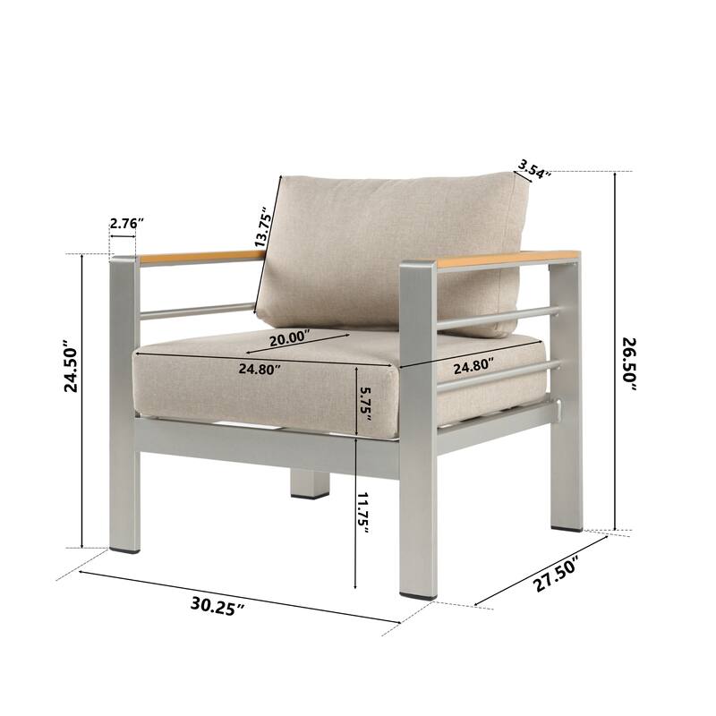 Roomfitters Cora Outdoor Aluminum Club Chairs with Olefin Fabric Cushions, Silver and Beige
