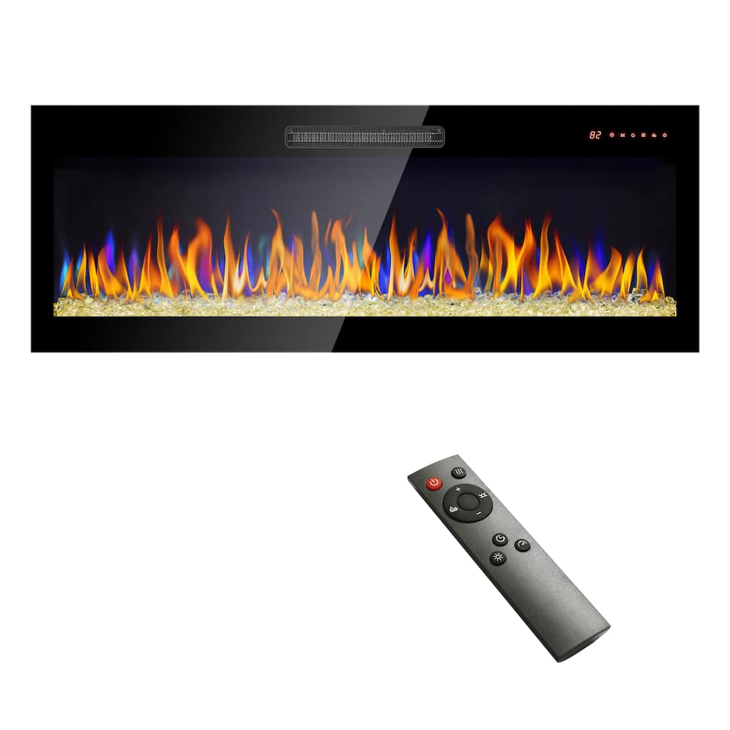 50" Recessed Ultra Thin Tempered Glass Front Wall Mounted Electric Fireplace With Remote And Multi Color Flame & Emberbed