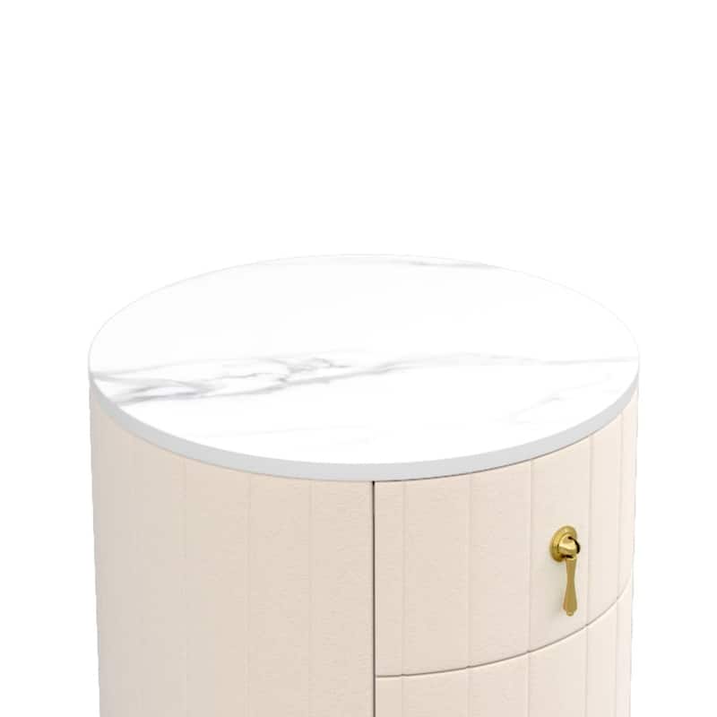 Modern Upholstered Round Nightstand with 3 Drawers and Marbling Stickers Top