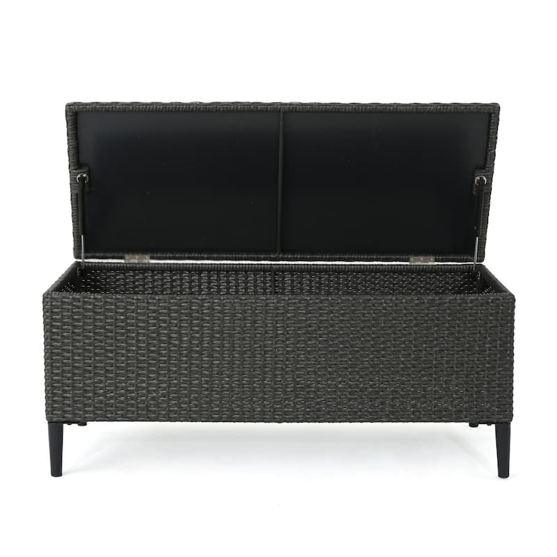 Gert Outdoor Wicker Bench with Storage, 42 Inch Iron, Gray Rattan
