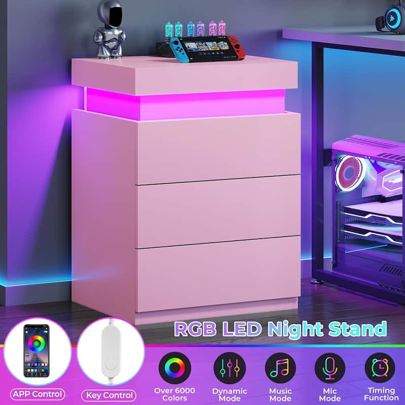 Bedroom Nightstand Charging Station LED Lights Sliding Top 3 Drawers