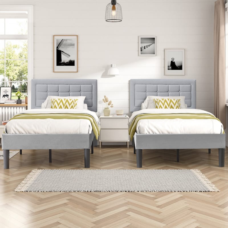 VECELO 2-Piece Adjustable 41-47" Height Twin Bed Frame for Kids Soft Padded Headboard with Button Tufting No Box Spring Required - Light Grey