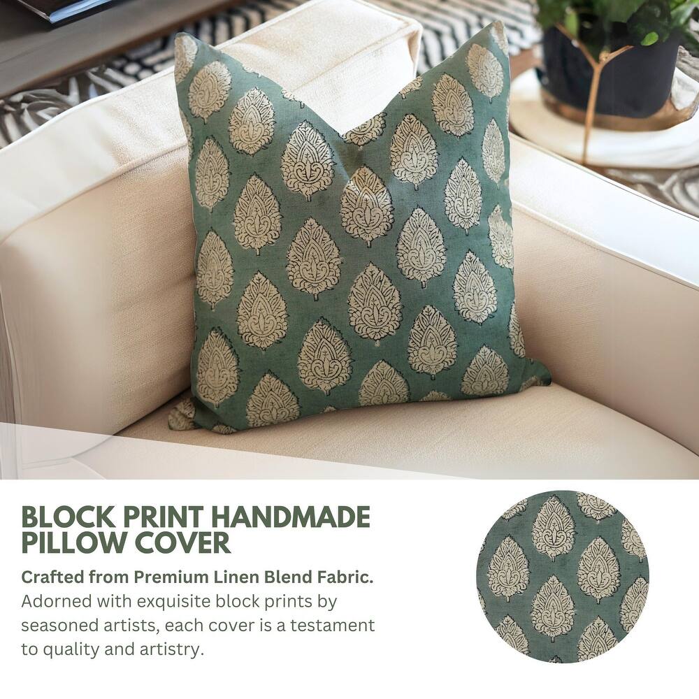 Fabdivine Soft Linen Cushion Cover Floral Block Print for Farmhouse Mustard Living Room or Office Décor, Banke Bihari